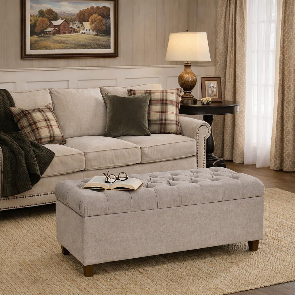Charcoal Grey Tufted Storage Ottoman Bench Hinged Lid
