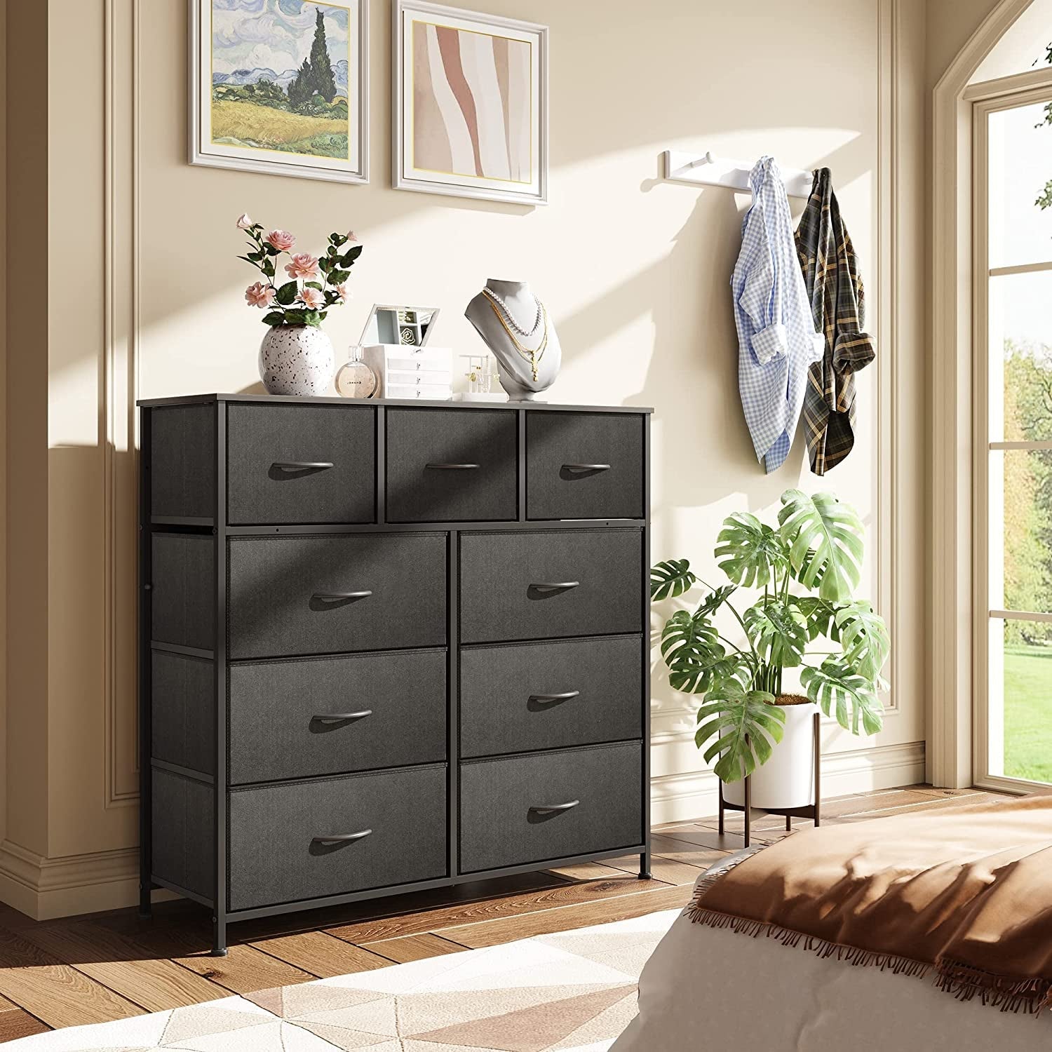 Fabric Storage Tower 9 Drawer Unit Charcoal Black Bedroom