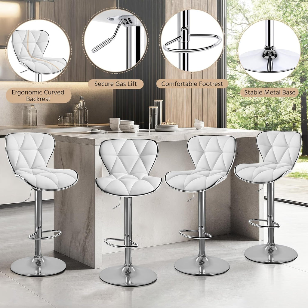 Bar Stools Set Of 2 White PU Leather Adjustable Swivel