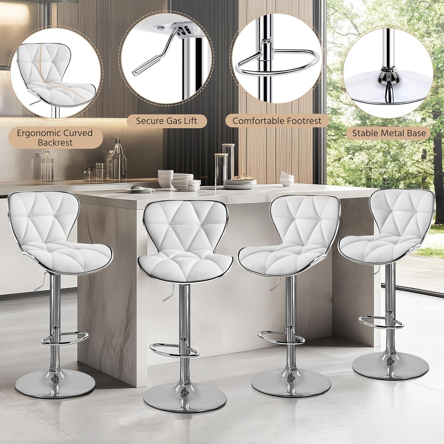 Bar Stools Set Of 2 White PU Leather Adjustable Swivel