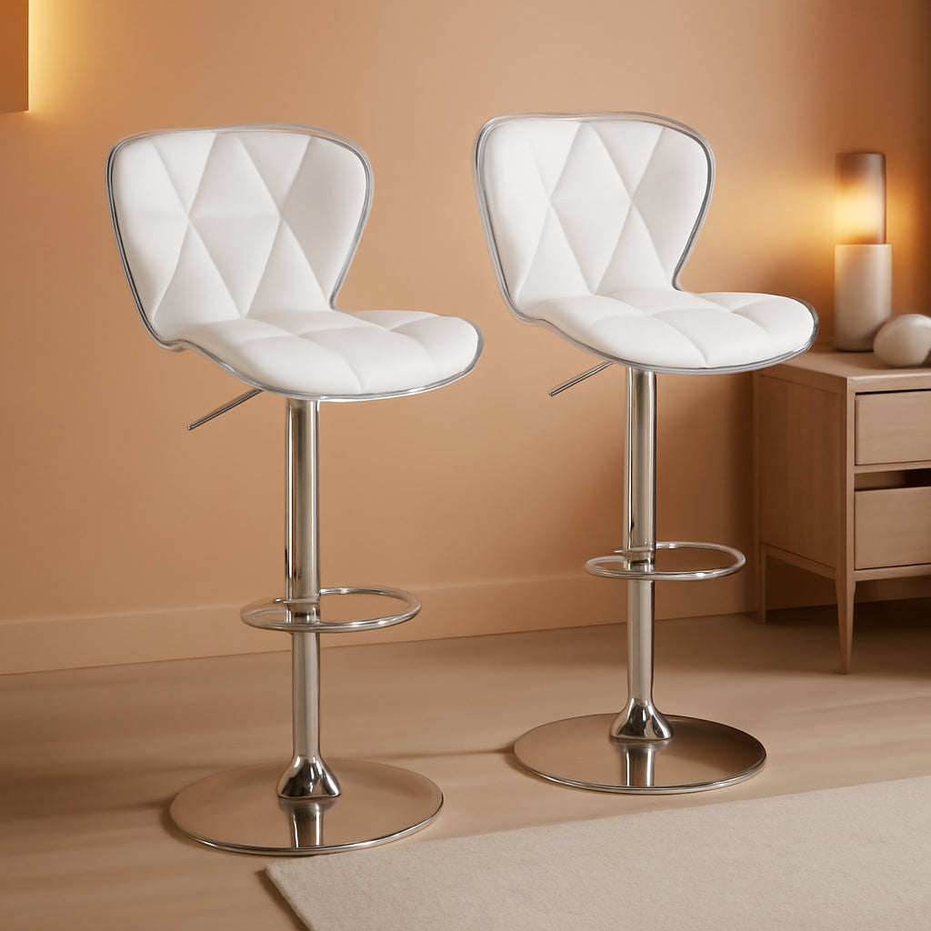 Bar Stools Set Of 2 White PU Leather Adjustable Swivel