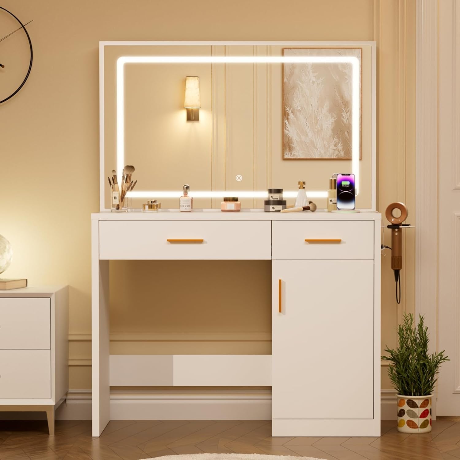 Vanity Desk With 35 Inch LED Backlit Reflection Mirror