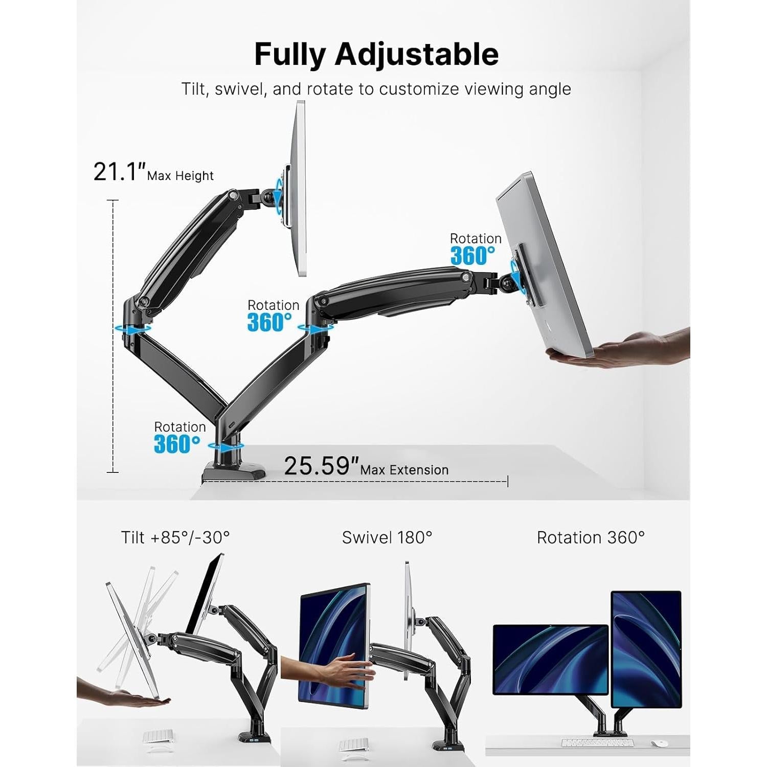 Dual Monitor Stand With USB Port Height Adjustable Arms