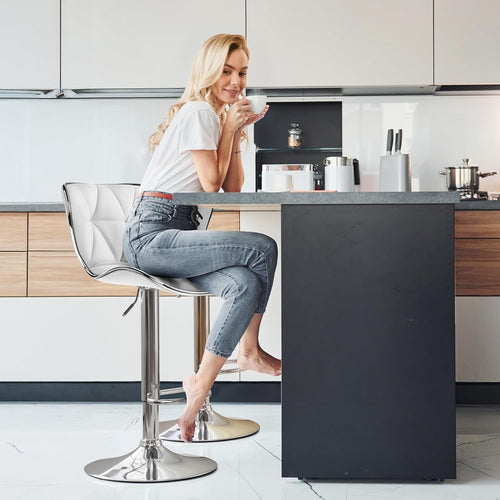 Bar Stools Set Of 2 White PU Leather Adjustable Swivel
