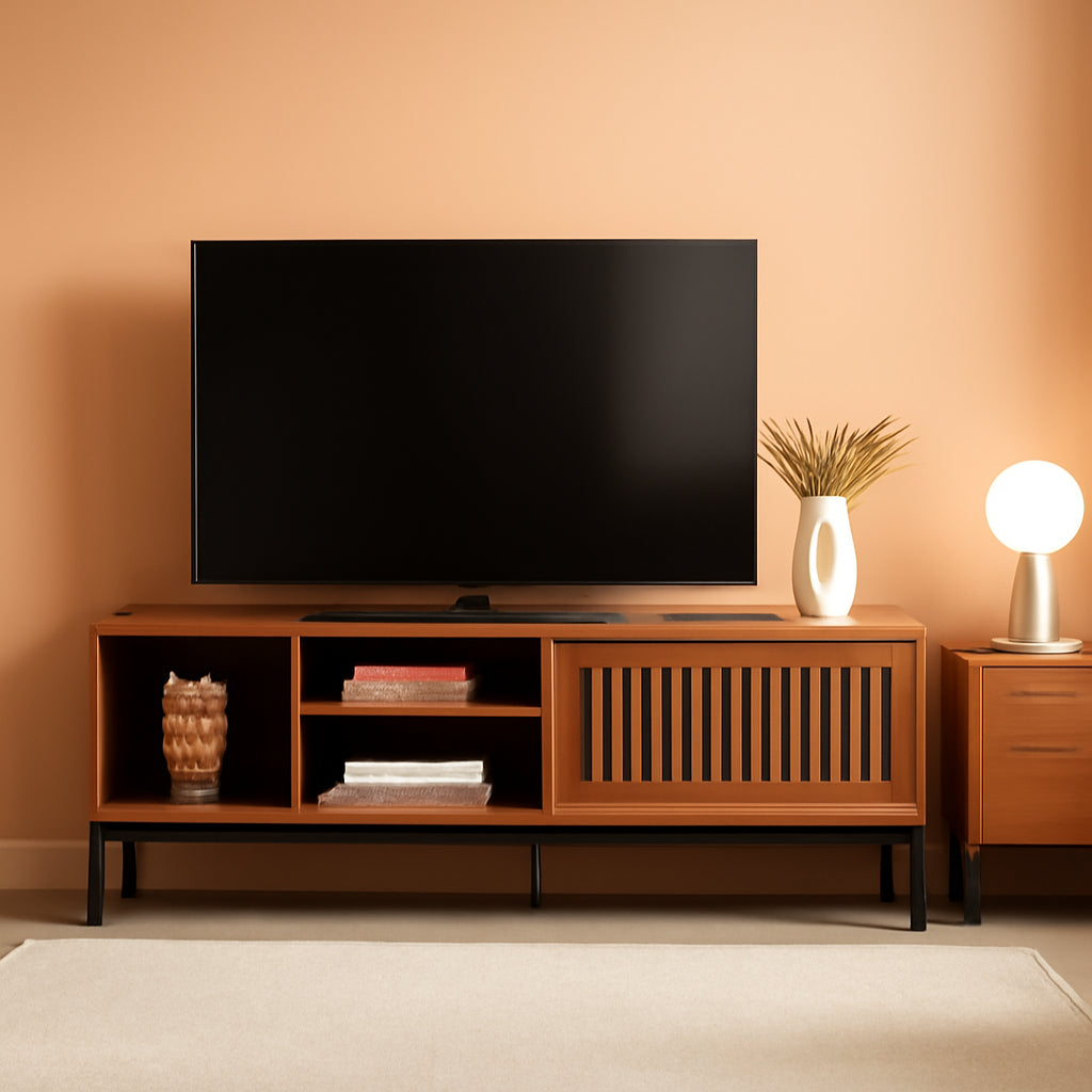 65 Inch Farmhouse TV Stand Rustic Brown Sliding Door