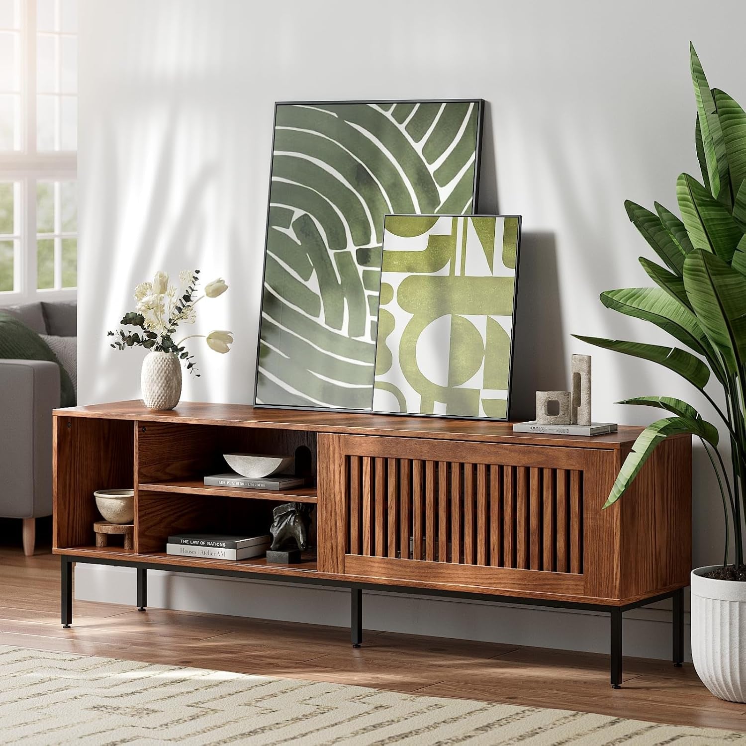 65 Inch Farmhouse TV Stand Rustic Brown Sliding Door