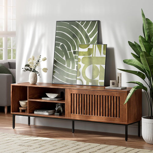 65 Inch Farmhouse TV Stand Rustic Brown Sliding Door