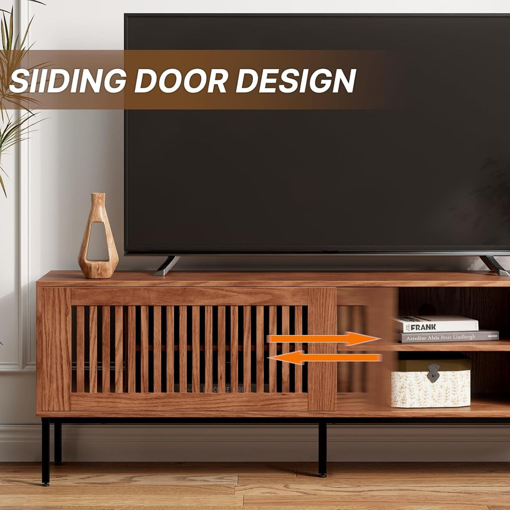 65 Inch Farmhouse TV Stand Rustic Brown Sliding Door