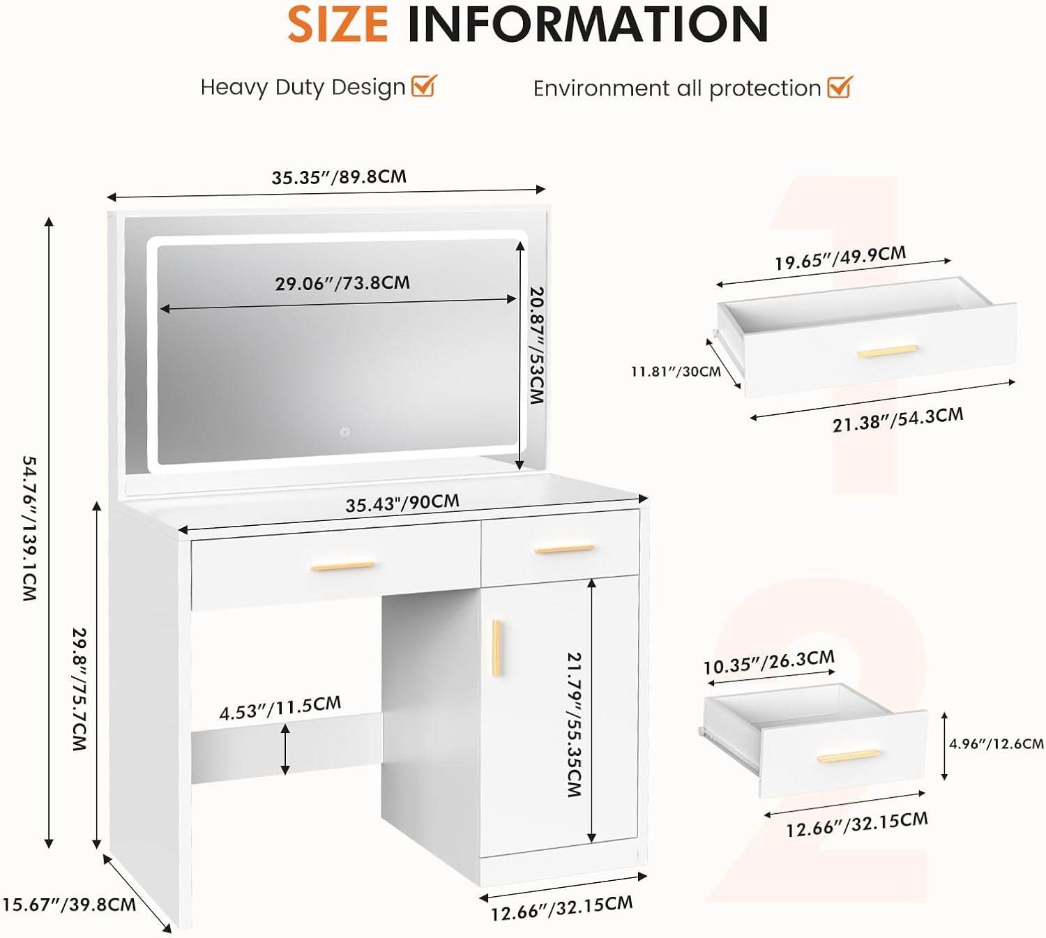 Vanity Desk With 35 Inch LED Backlit Reflection Mirror