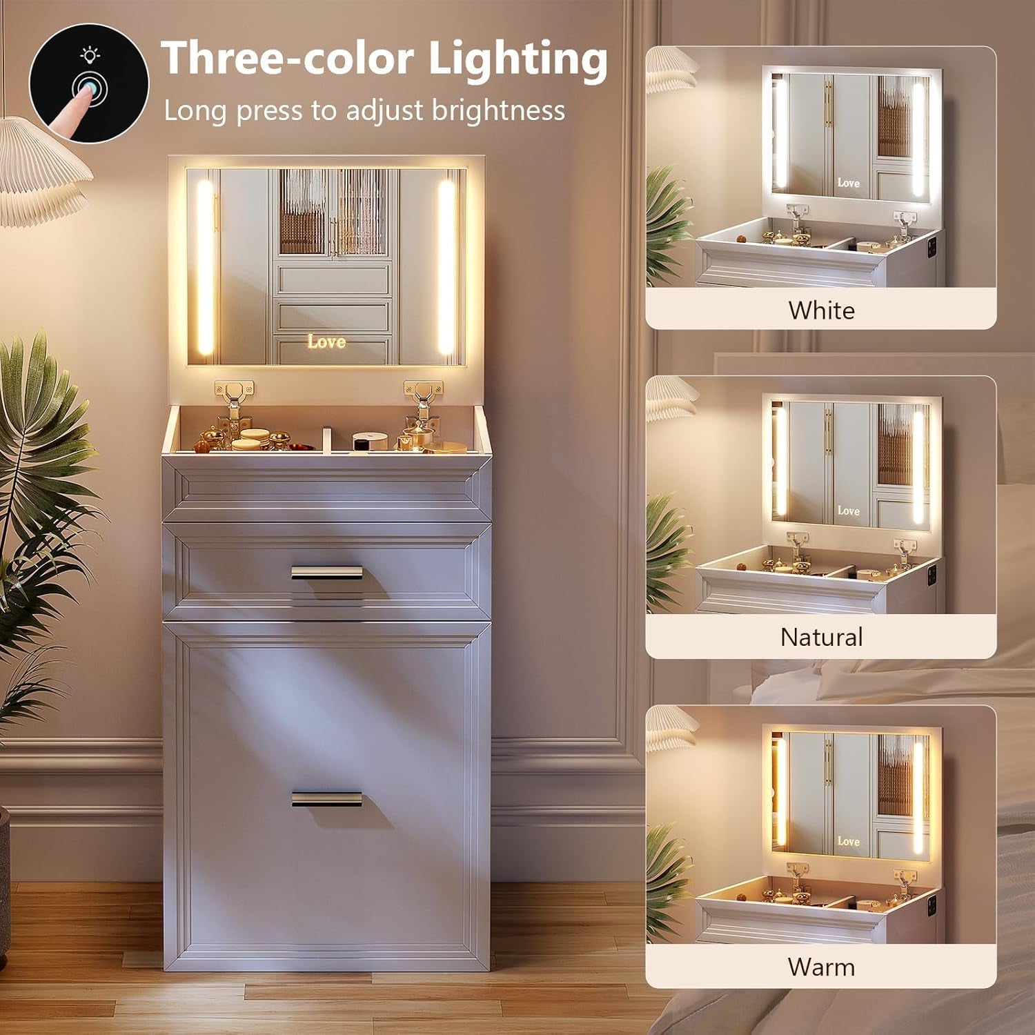 White Vanity Desk With Integrated Illumination Lighting