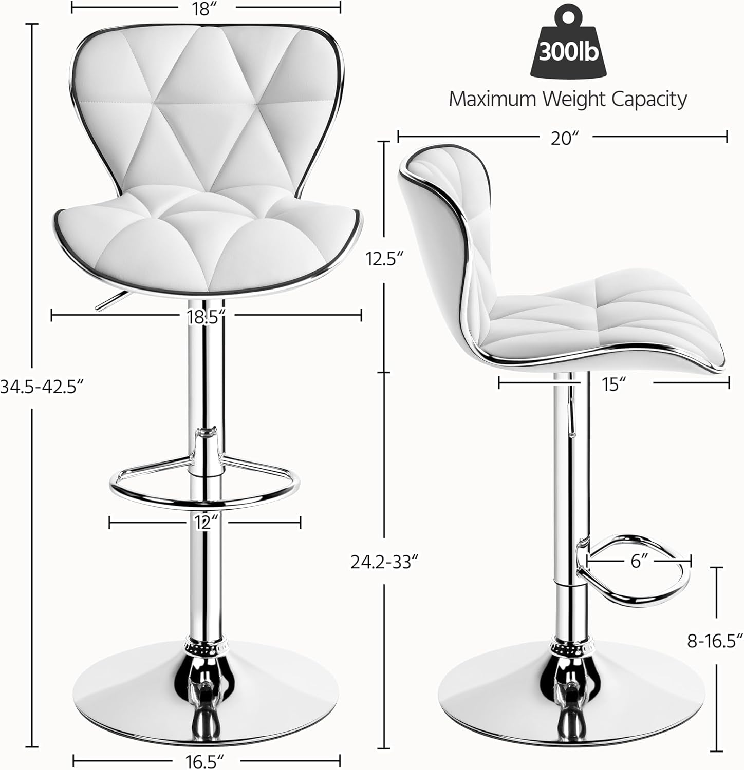 Bar Stools Set Of 2 White PU Leather Adjustable Swivel