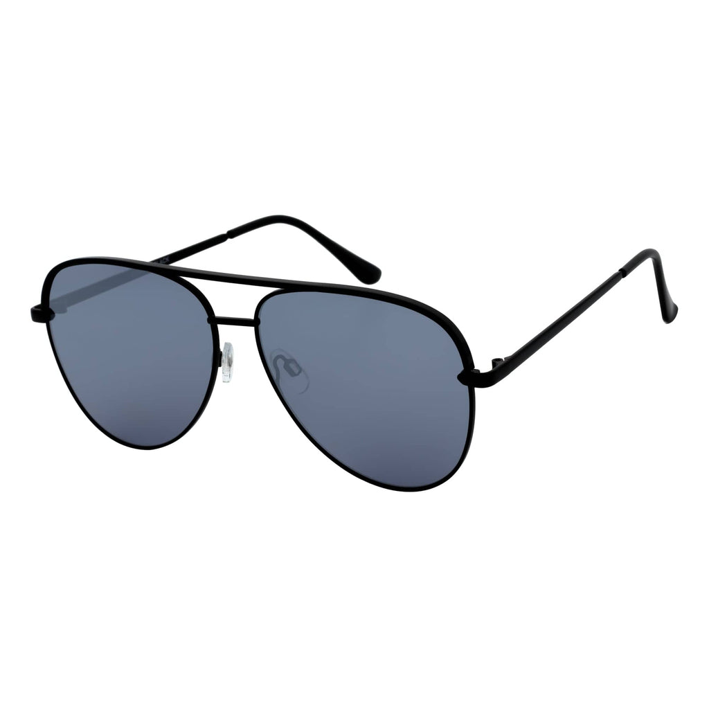 KEY - Oversize Large Flat Lens Metal Aviator Sunglasses Black Silver Mirror